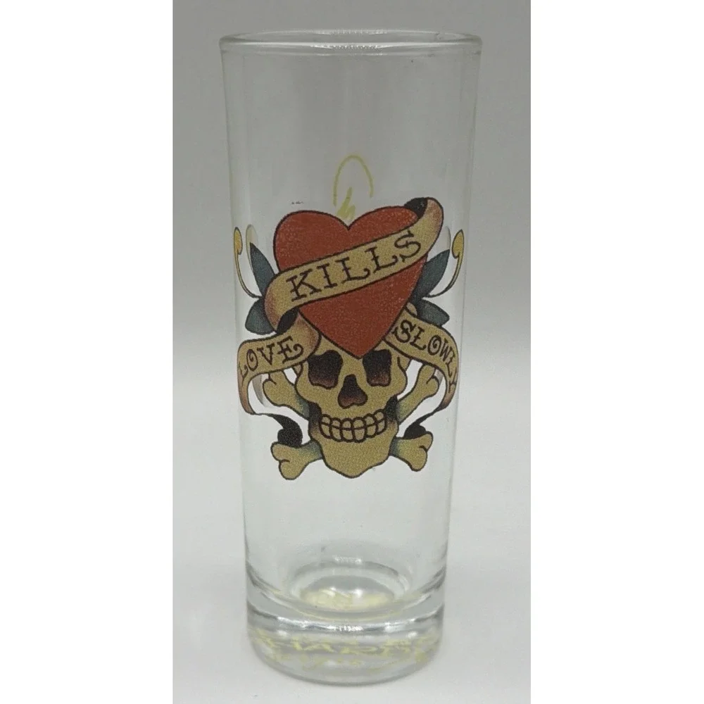 Ed Hardy Tall Shot 2.5 oz Glasses Set of 4 Love Kills Slowly Design New in Box.